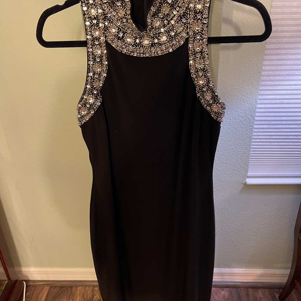 Cache Black High Neck Sleeveless Mini Dress with Silver Embellishments